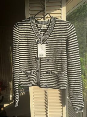 Frame Denim Black & White Striped Knit Blazer